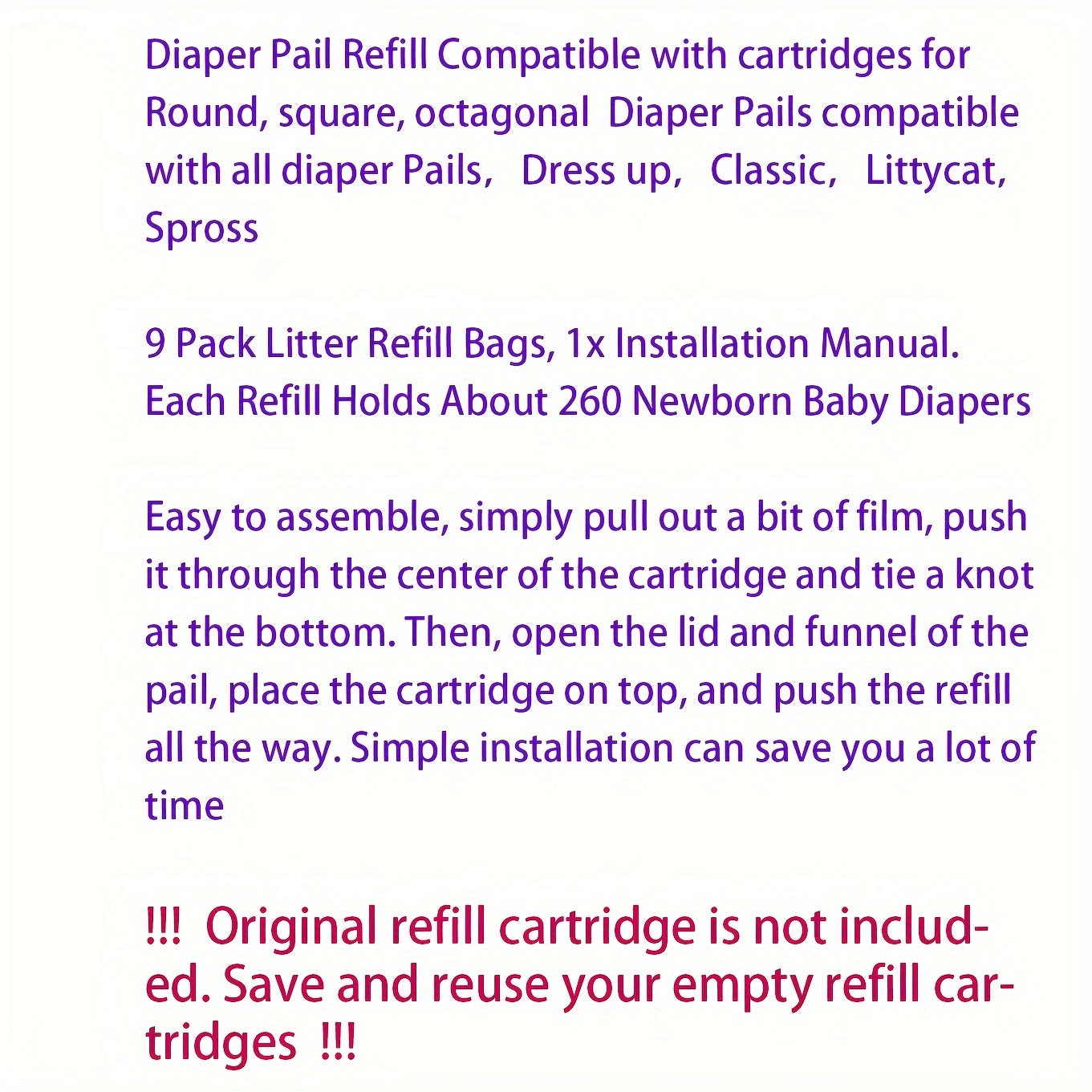 9 Pack of Polyethylene Diaper Pail Refill Bags, Compatible with Various Shapes & Models of Diaper Disposal Systems, featuring Odor Locking and Leak-Proof Technology. Designed for children aged 14 and up, these refill bags are perfect for use with