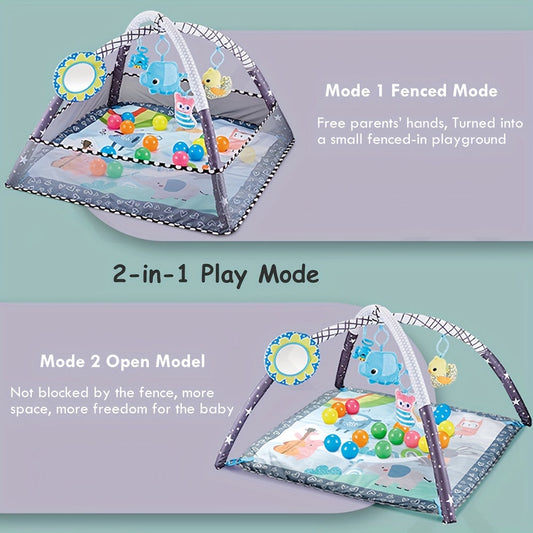 Gym & Activity Mat Set for Kids - Includes 5 Detachable Toys, 20 Ocean Balls, Tummy Time for Motor Skills & Sensory Development - Ideal Gift for Young Children, Made of Soft Polyester Material in Gray Color.