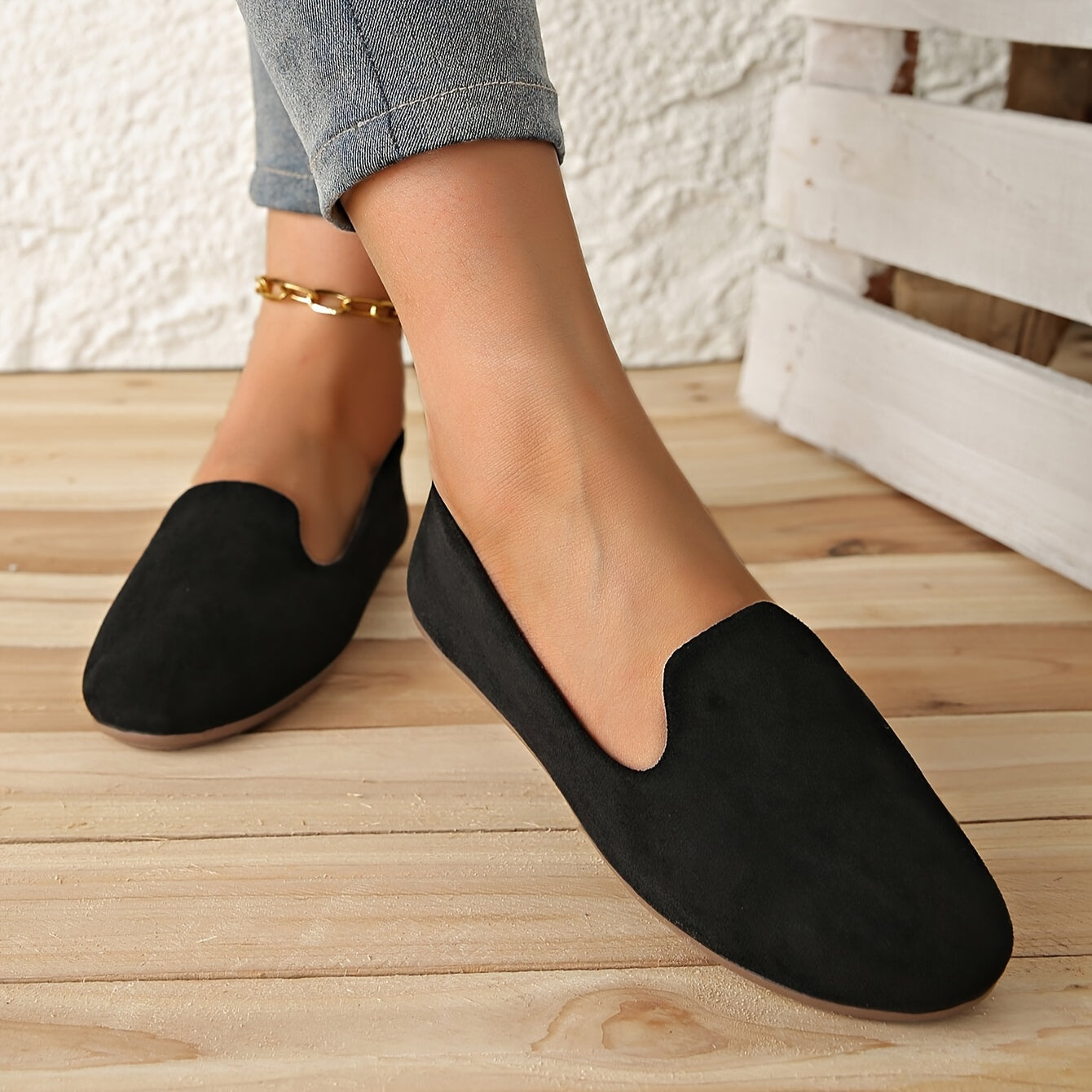 Women's comfortable casual flats with ankle strap, plain fabric upper, microfiber insole, and TPR sole.