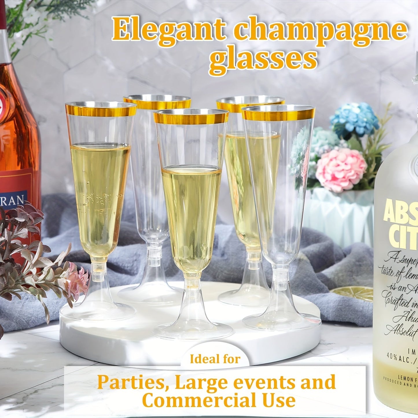 A pack of 25 elegant plastic champagne flutes with golden rims, each holding 5.5 oz. These acrylic mimosa glasses are recyclable and perfect for parties. They are machine washable and can be used for various occasions such as weddings, Christmas