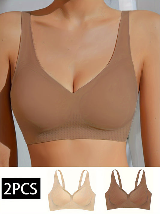 2 Seamless V-Neck Wireless Bras with removable pads made of 85% Polyamide and 15% Elastane knit fabric. Solid color, full cup design, breathable, and quick-dry.