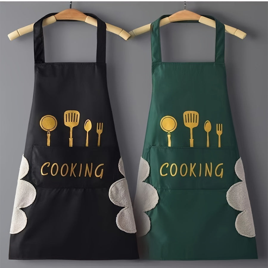 Black and white PVC aprons with cooking utensil design, Korean style with hand-wiping feature for home and restaurant use. Ideal culinary attire.