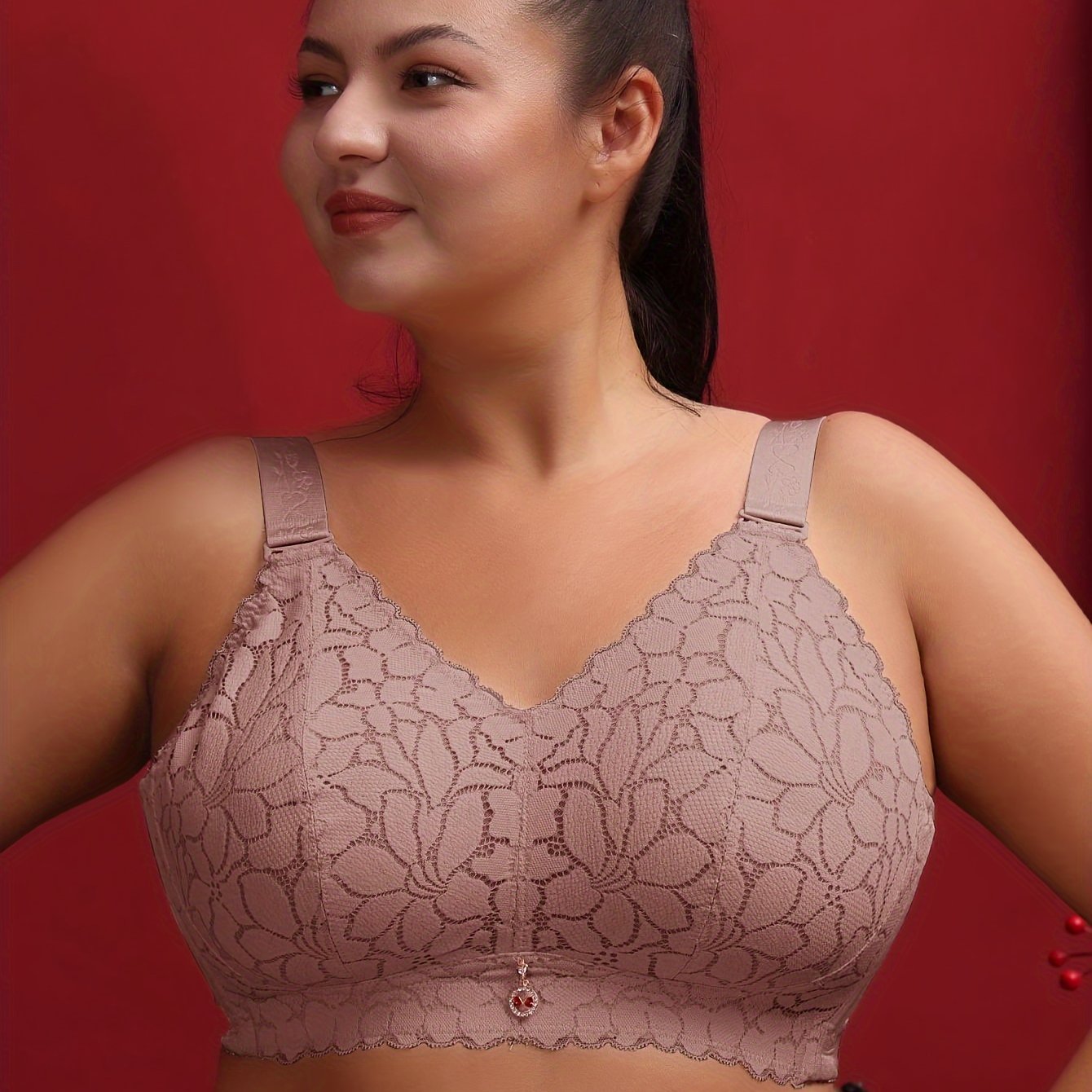 Stylish French-inspired plus size lace bralette with floral print - thin, wireless, breathable, and slimming.