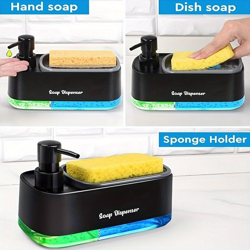 Kitchen soap dispenser with sponge holder, sink countertop organizer, leak-proof dish soap pump, non-electric hand soap pump with clear container, plastic bathroom set with sponge.