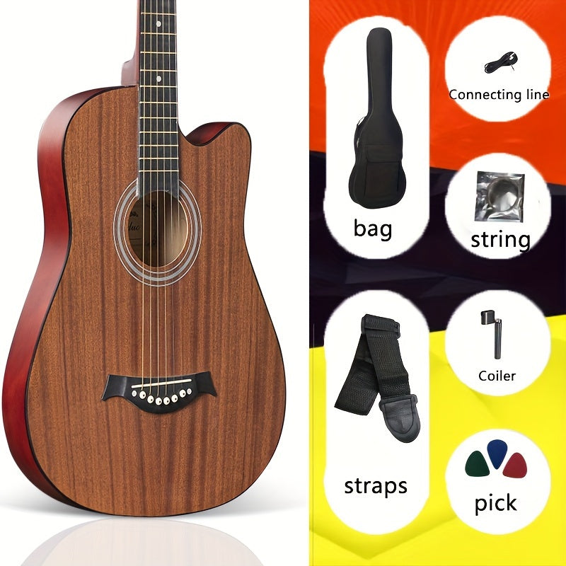 DLASO Beginner Acoustic Guitar 101.6cm with Rosewood Fingerboard, Spruce Top, Maple Neck, and Basswood Back & Sides. Includes bag, straps, pick, connecting line, and tuner.