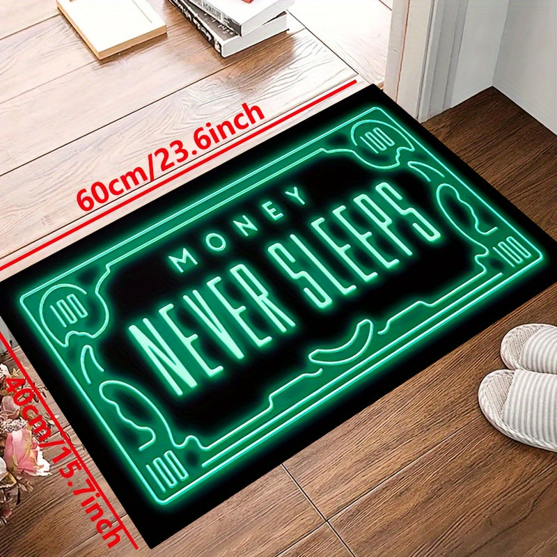 Money Never Sleeps Rug: This non-slip resistant mat features a print design and is machine washable and waterproof, making it perfect for use in the living room, bedroom, nursery, patio, garden, or yard. Enhance your home decor with this versatile rug.