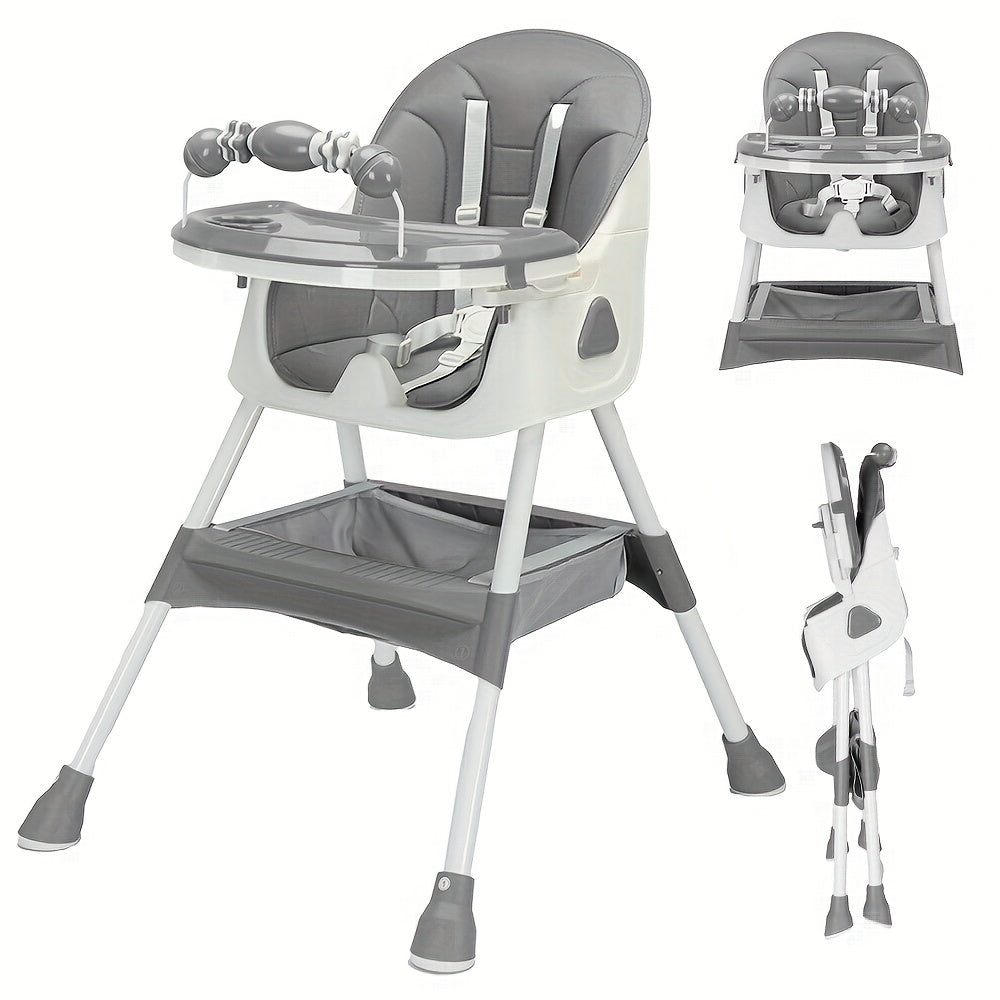 The Modern Portable Children's High Chair is a versatile and adjustable eating and playing chair with a table attachment for toddlers. It is designed to provide a high seat for infants and babies during mealtime, complete with a food plate. It makes a