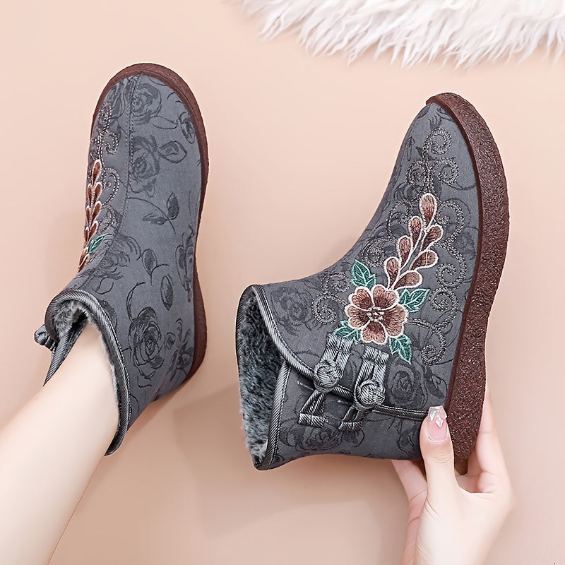 Women's Winter Warm Fleece-Lined Ankle Boots with Chinese Style, Round Toe, Buckle Closure, Floral Pattern, Fabric Upper, Faux Sole/Insole.