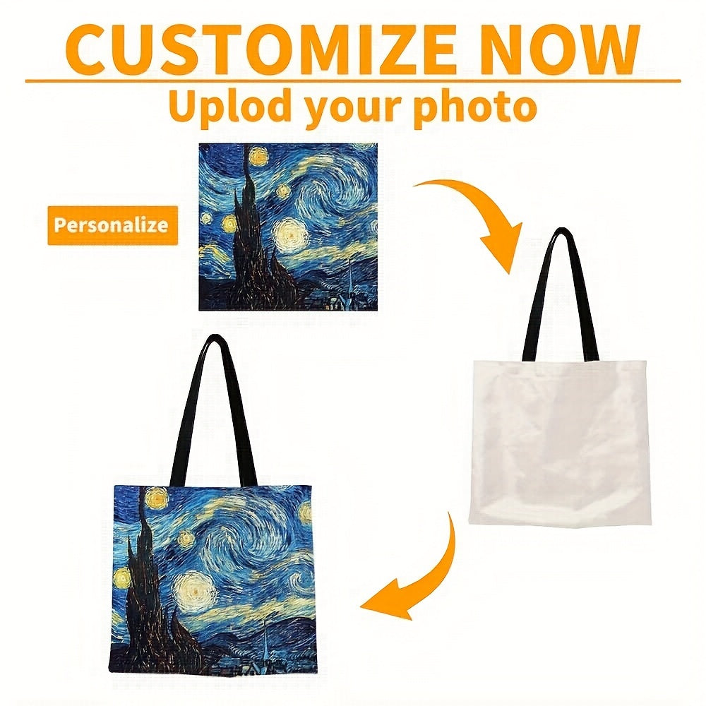 Personalized reusable tote bag with customizable photo and text, foldable design, made of polyester in mixed colors.