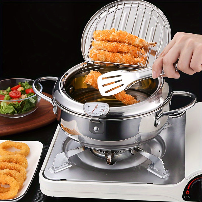 1pc Stainless Steel Deep Fryer Pot with Lid, Temperature Control and Oil Drainer Rack - Ideal for Frying French Fries, Chicken, and More