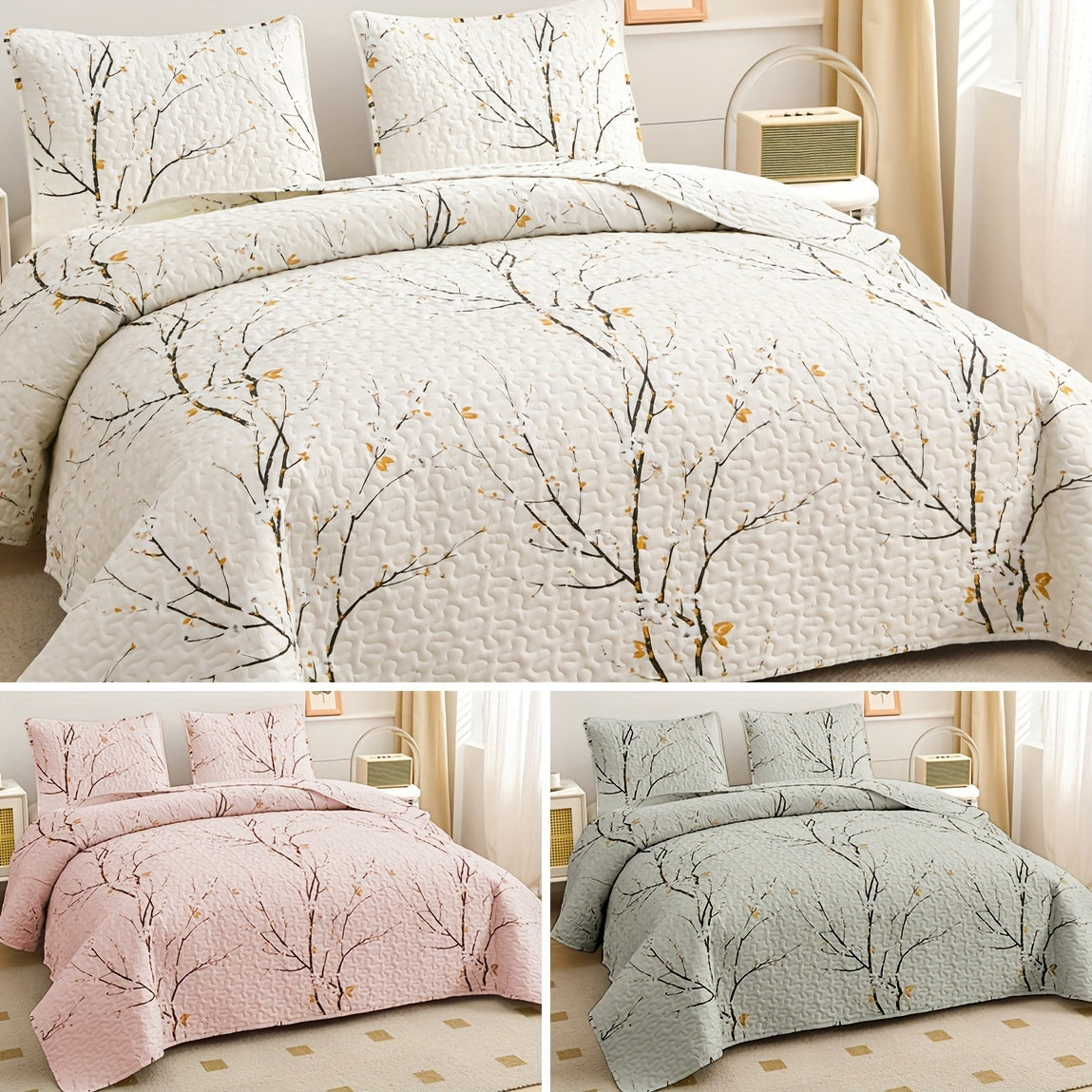 Elegant Plum Blossom Quilt Set includes 3 pieces (1 Quilt + 2 Pillowcases, Core not included). Made with skin-friendly, soft and breathable materials, this bedding is warm and comfortable for all seasons. Perfect for hotel or bedroom use.