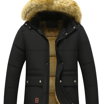 Men's Navy Blue Winter Jacket with Faux Fur Trim, Plush Lining, Zip/Snap Closure, Multi-Pocket Design. Durable, Warm Outdoor Gear.