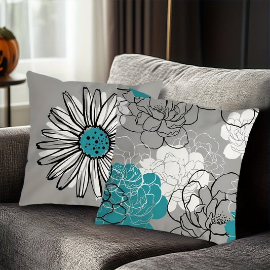 Teal Daisy Print Pillow Cover - Ikki tomonlama, Zamonaviy Polyester, Fransuz uslubi, 45.72x45.72 sm, Aralash ranglar, Zipper yopilishi, Oson tozalash, Gullar dizayni - Divan, Yashash xonasi va Tashqi uy bezaklari uchun mukammal.