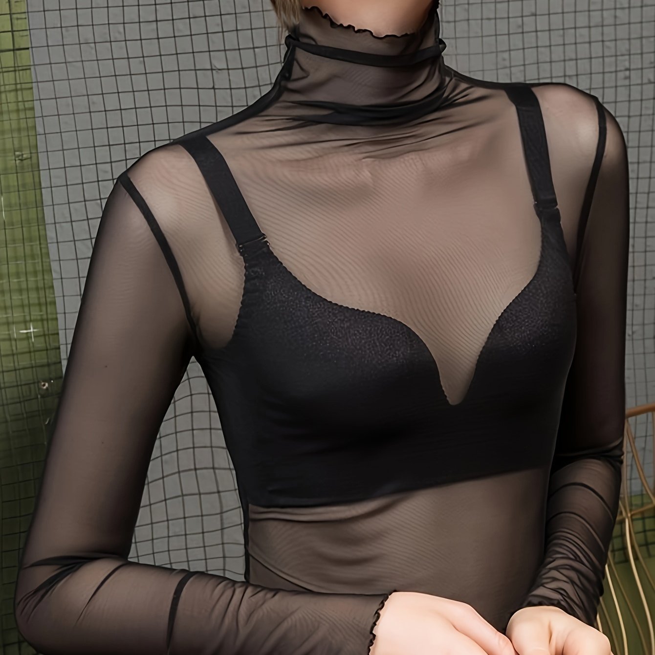 Sleek mesh lounge tops with lettuce trim and high neck, perfect for women's loungewear and sleepwear.