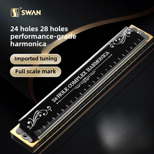 SWAN Harmonica: Beginner & Adult 24/28 Hole Performance-Grade Metal Harmonica, C Scale with Case, White Polished Finish