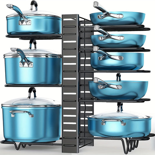 Organize your pots and pans with ease using this 1 set pots and pans organizer for cabinets. This 8-tier pot rack comes with 3 DIY methods for adjustable pan organization. Perfect for kitchen organization and storage, this pot lid organizer is a