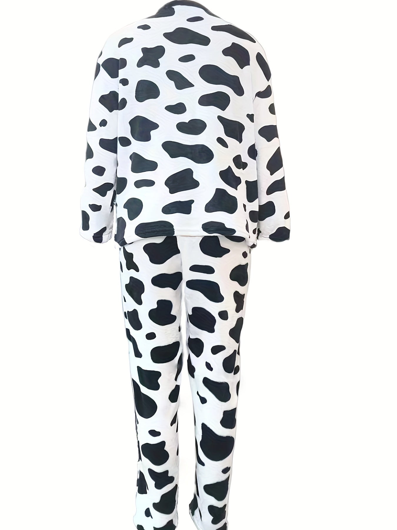 Women's Cow Print Flannel Pajama Set: Long Sleeve Top & Pants, Cozy Winter Sleepwear