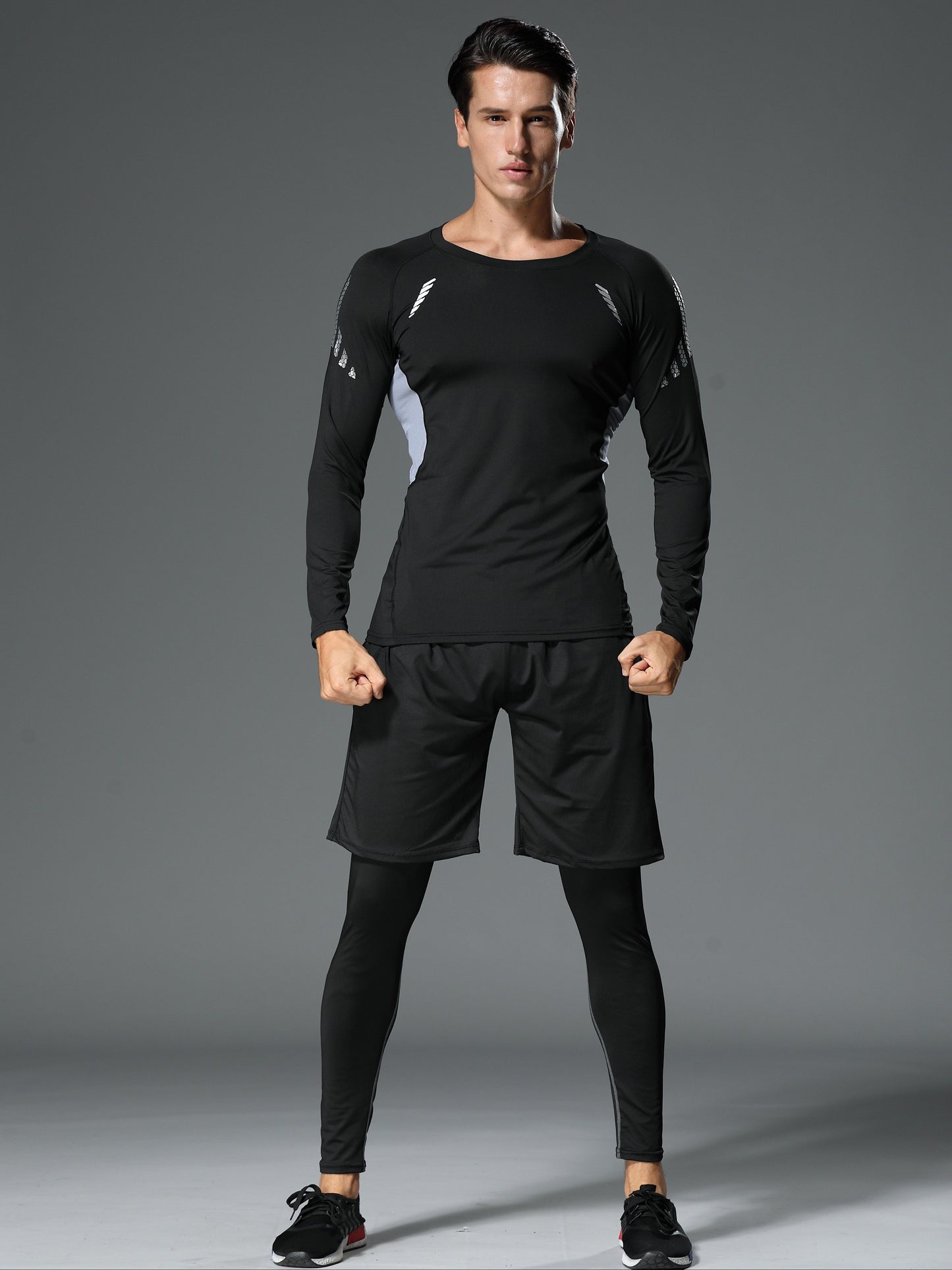 Men's 3-piece Athletic Set, Quick-Dry Polyester Kit with Crew Neck Top & Leggings, Medium Stretch Knit Fabric, for Various Sports - Spring/Fall Season