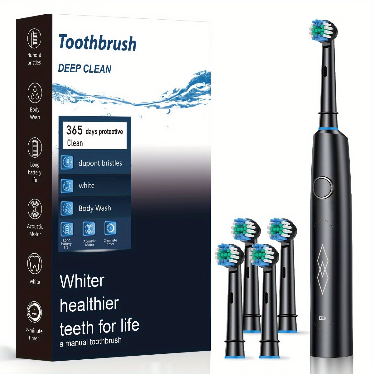 Black Sonic Electric Toothbrush with USB recharge, soft bristles, 600mAh battery, 5 modes, 4 brushes in gift box.