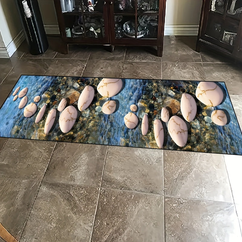 Elevate your home decor with this elegant pebble design floor mat. Made from non-slip and stain-resistant polyester material with a decorative stone pattern, this washable mat is perfect for use in the bedroom, living room, or kitchen. Featuring a low