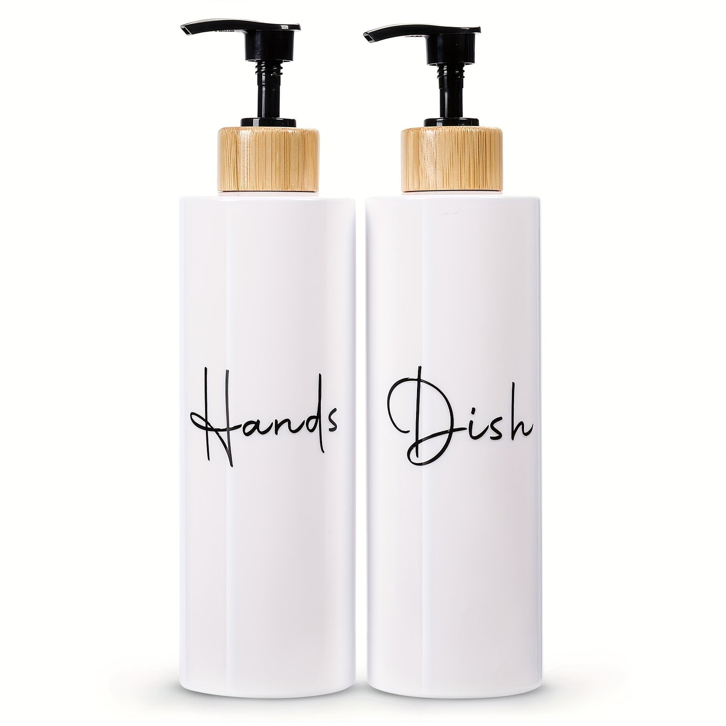 Set of 2 black refillable soap dispensers with wooden handles, made from lead-free plastic. Suitable for hand and dish soap, great for bathroom organization and storage, and elegant home decor accessories.