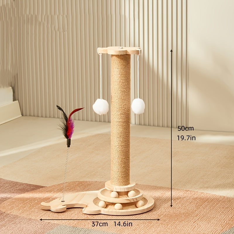 Interactive cat scratching post with rotating tassels and durable scratch board made of polyester fiber. Includes play balls and fully assembled for indoor cats.