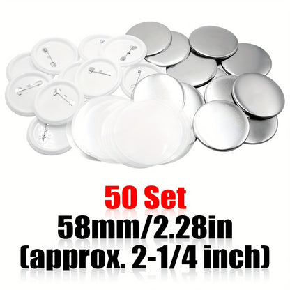 50 sets of 58mm/2.28in round button parts for DIY pin making. Each set includes tinplate top, plastic clip bottom, and plastic film.