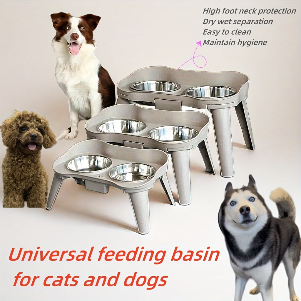 Neck-friendly elevated pet feeder with two stainless steel bowls, detachable design for easy cleaning, ideal for dogs and cats.