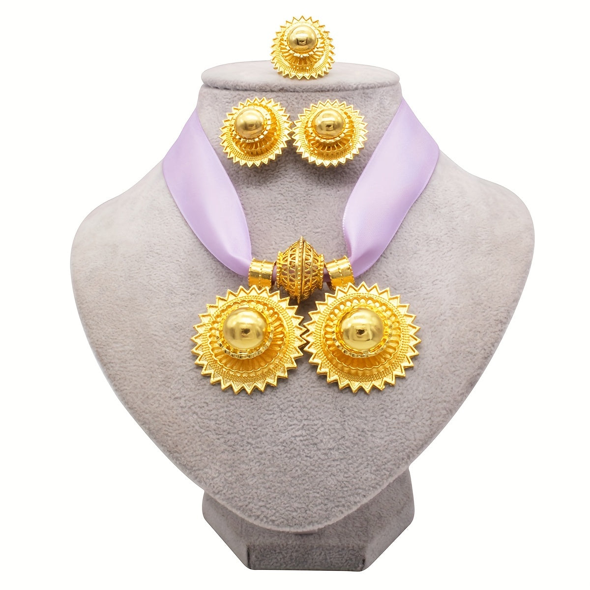 Luxury jewelry set includes four pieces: a necklace, earrings, and a ring plated in multiple colors. Perfect for evening parties and traditional bridal accessorizing. Choose from a variety of colors.