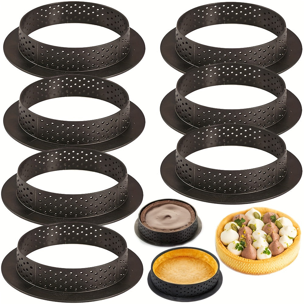 Set of six DIY tart rings with perforated design for making round mousse circle rings and French desserts. These pastry decorating tools are perfect for creating beautiful desserts and are made of high-quality bakeware material.