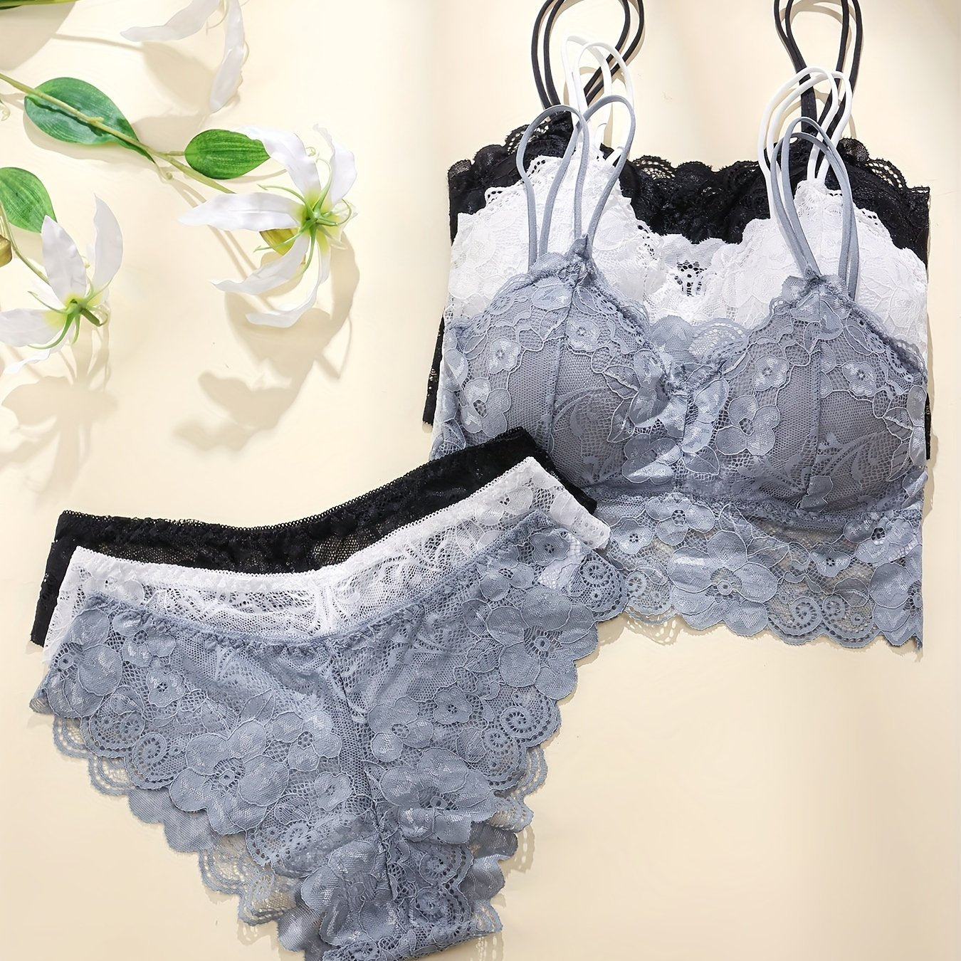 Lace bralette and panty set with removable cups, perfect for teens.