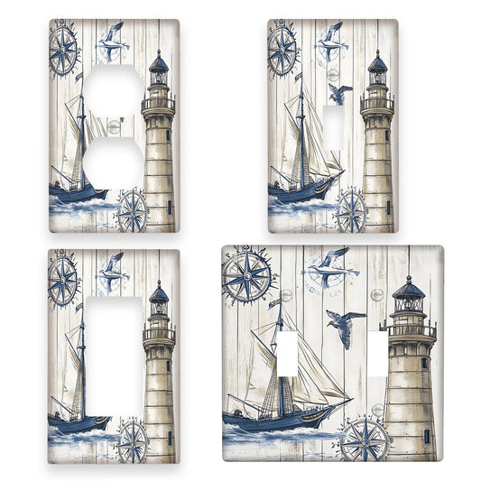 Nautical sailboat lighthouse print switch plate cover for easy-to-clean home decor, available in 1-gang or 2-gang sizes.