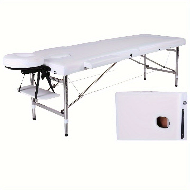 Foldable and portable adjustable height massage table with face pillow and suspension design, ideal for home, spa, and tattoo parlors.