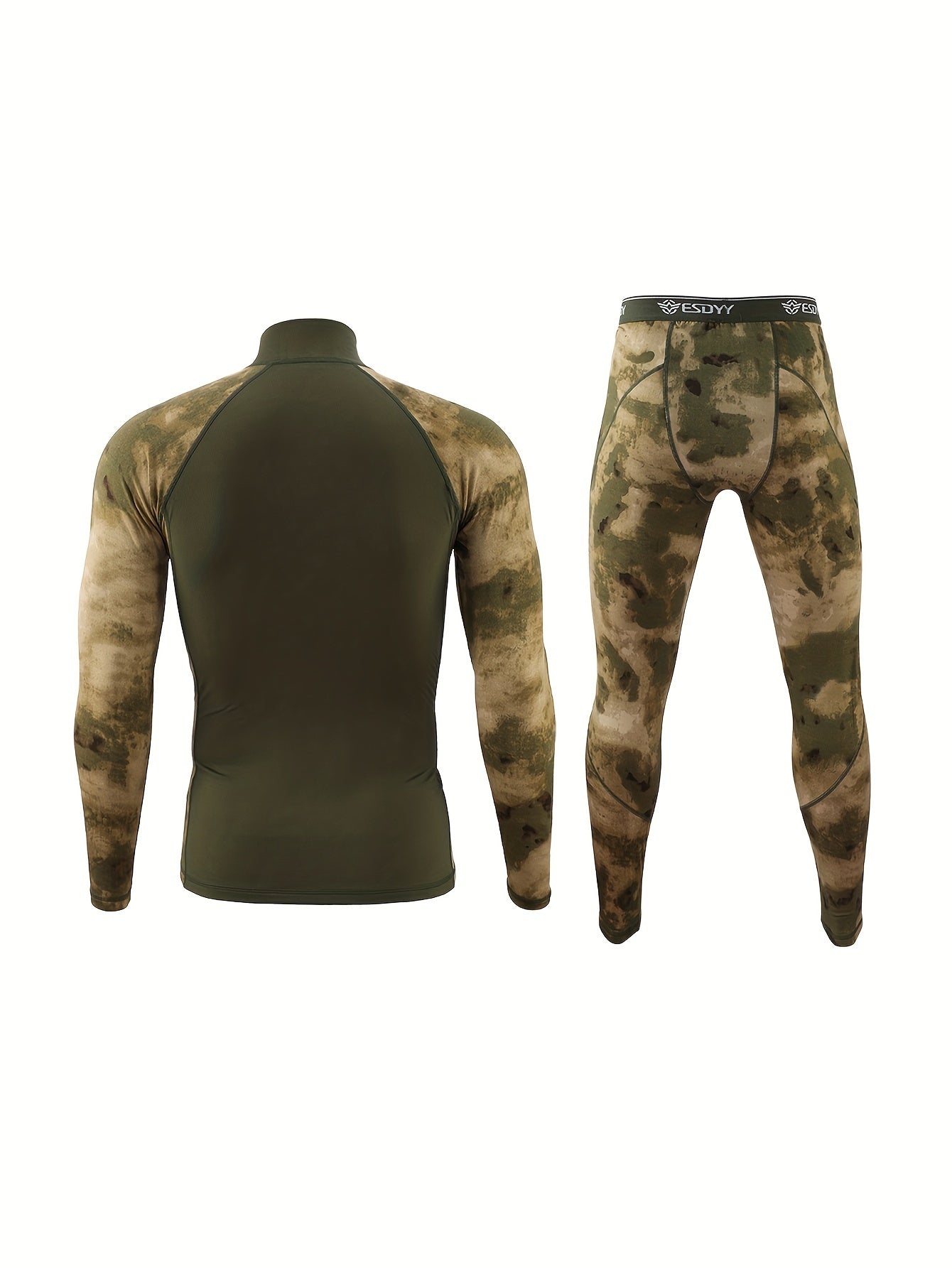 ESDY Men's Combat Shirt and Camo Leggings Set made of high-stretch knit fabric with zipper detail. Slim fit, long sleeve, made of 90% polyester and 10% spandex. Ideal for hiking and outdoor