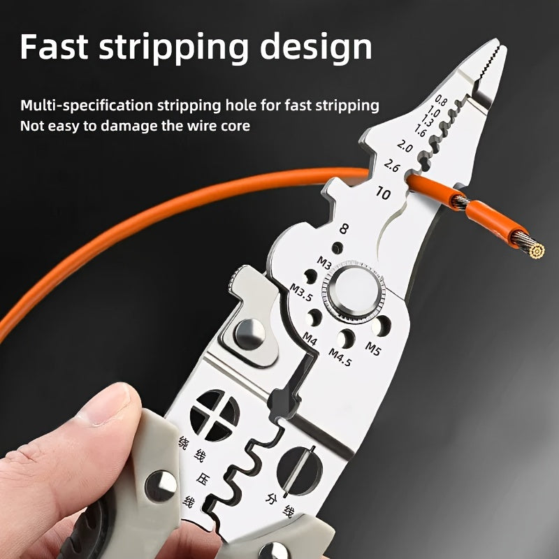 Durable metal construction 8-in-1 wire stripper pliers for electricians, with cable cutter, wire crimper, screw sizing, nail extractor, and branching slot.