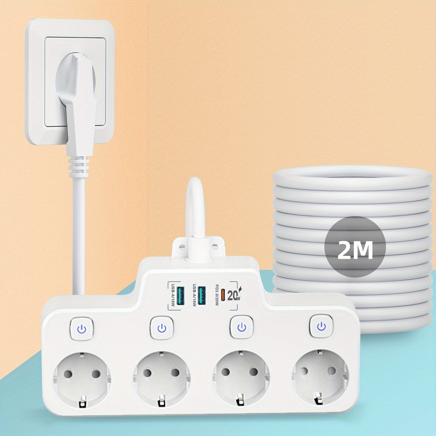 1 Kinglink power strip with 4 outlets, USB ports, switches, surge protector, 2m extension cord, European plug, anti-overcurrent, safety lock, flame retardant - White.