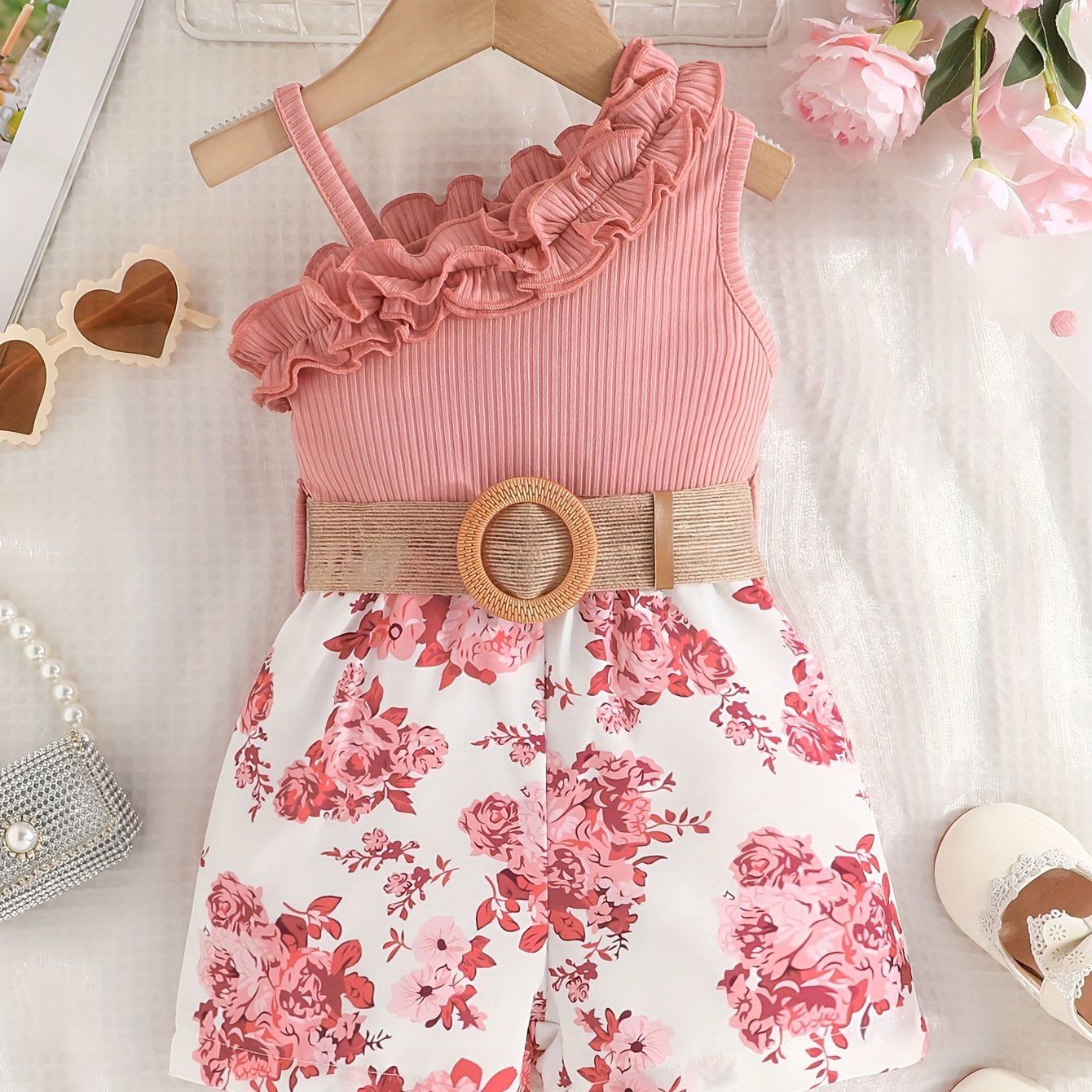 Infant girl's one-shoulder romper with belt in flower pattern for summer outings.