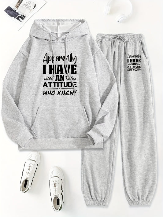 Women's Casual Two-Piece Set with Alphabet Print, Hoodie & Pants, 100% Polyester, Regular Fit, Fall/Winter Knit Fabric, 185g/m², Pockets included.