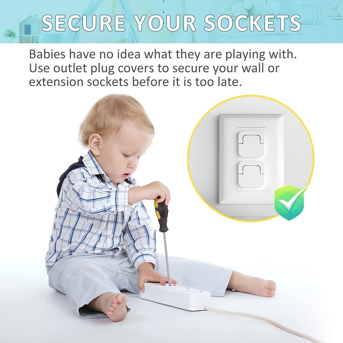 Baby proofing plug covers with hidden pull handle - set of 30. Features 3-prong child safety socket covers to protect electrical outlets and keep kids safe. Outlet protectors with kid-proof cap design.