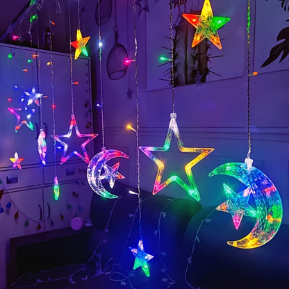 1 LED fairy curtain lights with stars and moon, perfect for Ramadan, weddings, birthdays, parties, and romantic settings - battery-free.