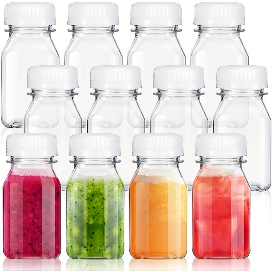 10 square plastic juice bottles with leak-proof caps, hand wash only, PVC-free, ideal for smoothies and juicing.