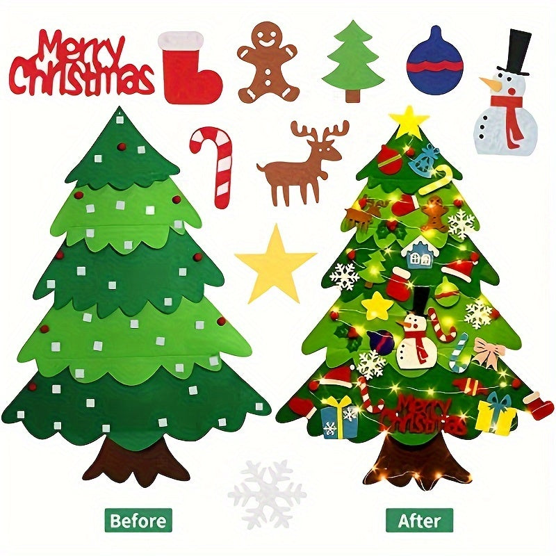 Christmas felt tree decoration with non-woven material, suitable for both indoor and outdoor use. Powered by two AA batteries, no need for electricity.