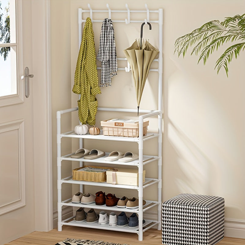 Multi-functional 4/5-Tier Entryway Organizer featuring a Shoe Rack and Hooks - Excellent for storing Keys, Coats, Hats, and Umbrellas - Great for use in Home, Office, or Dormitory Settings.