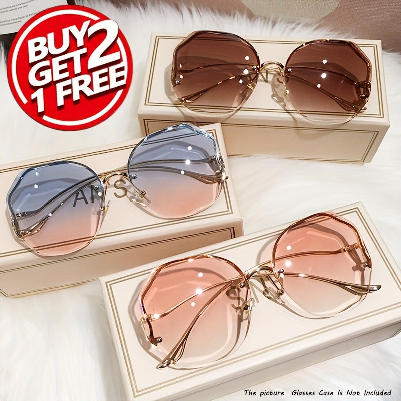 Luxury frameless round glasses for women with stylish gradient lenses and metallic finish.