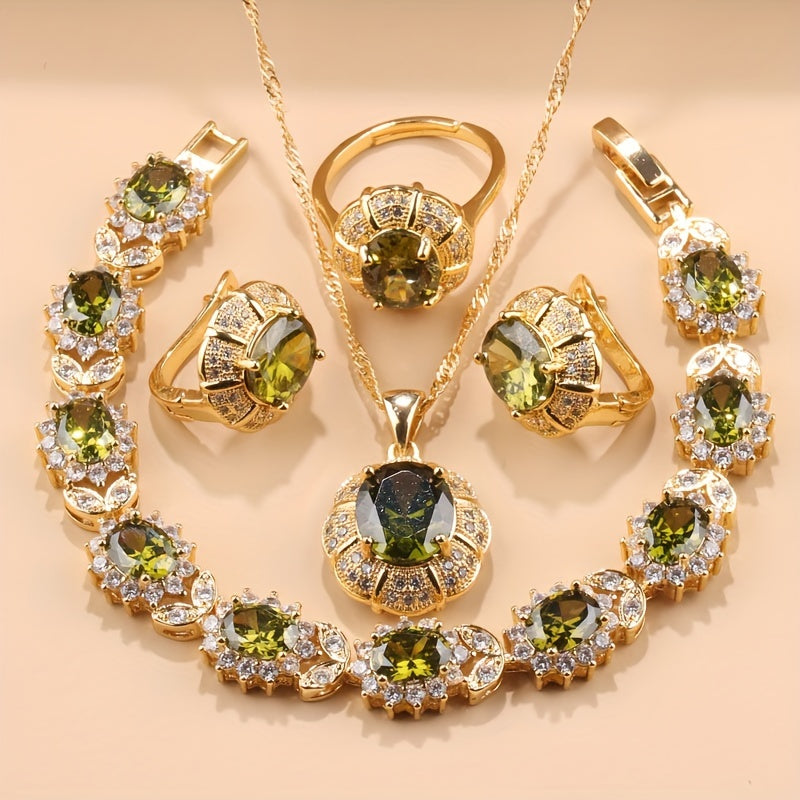 Opulent 5-Piece Women's Jewelry Set - Featuring Earrings, Necklace, Ring & Bracelet adorned with Shimmering Cubic Zirconia - Ideal for Weddings & Special Occasions