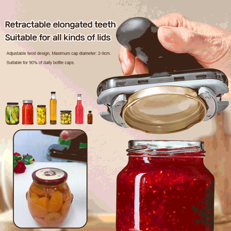 Adjustable manual jar opener for easy lid removal, suitable for various lid sizes. Effortless operation, no power needed. Perfect for home and parties.