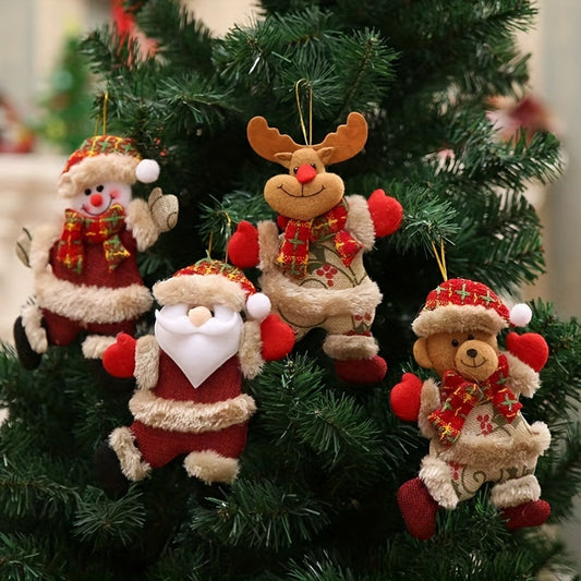 Set of 4 LattBy Festive Christmas Tree Ornaments - includes Dancing Santa, Reindeer, Snowman, and Bear | Red Fabric Hanging Decorations for Home and Office | Ideal for Holiday Cottage Decor