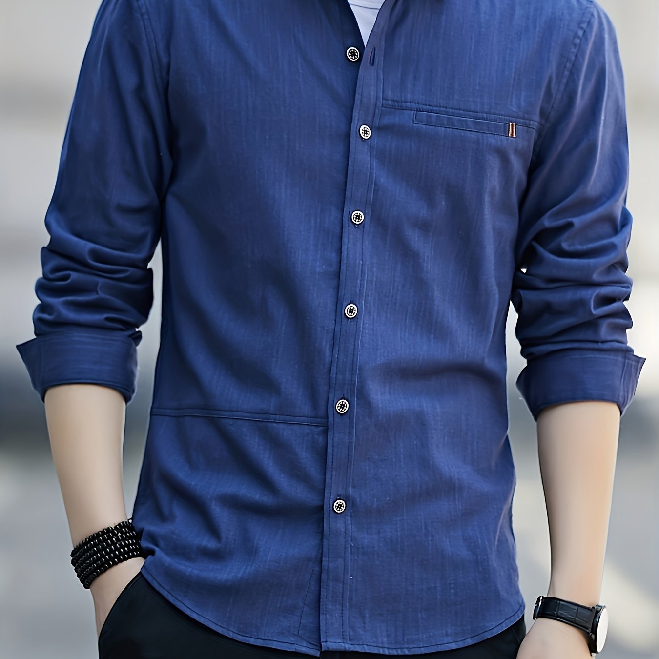 Men's Solid Long Sleeve Button Up Shirt for Daily Wear, Spring/Fall Outdoor Fashion