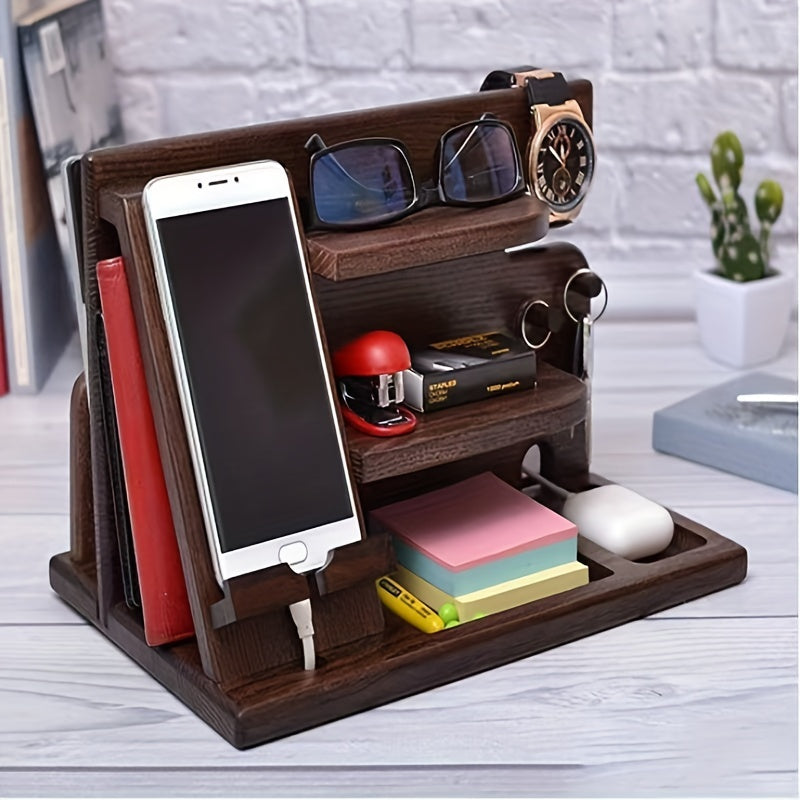 Wooden phone accessory organizer for iPhone and other devices, no power required, lightweight, suitable for home storage in desk or drawer.