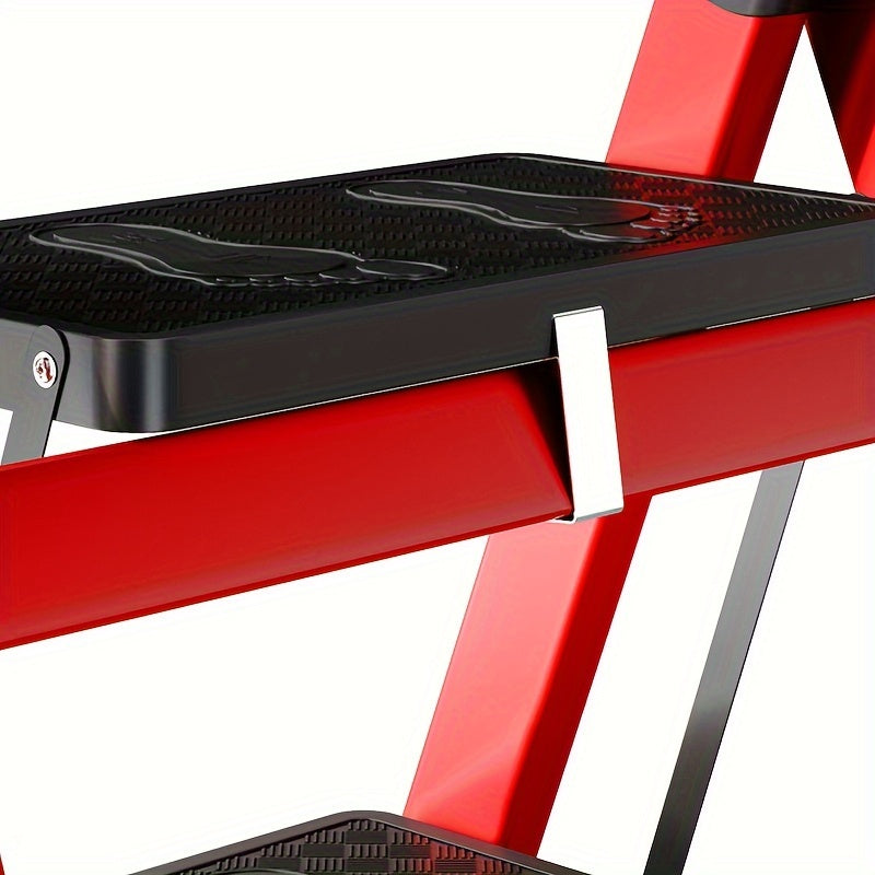 Portable step stool with folding carbon steel ladder, non-slip rubber handle and feet, for home use.